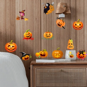 Halloween wall stickers featuring glowing pumpkins and witch on a warm wooden wall