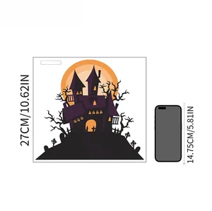 Size comparison of a 27cm dark Halloween castle wall sticker against a smartphone