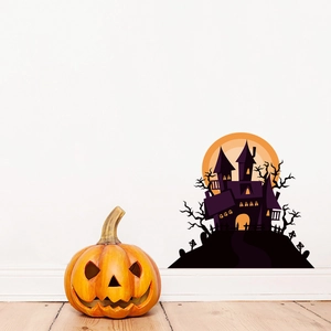 Halloween window sticker featuring a dark castle, spooky trees, and moon on a white wall