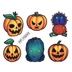 Luminous Halloween pumpkin stickers set with six colorful cartoon designs on white background