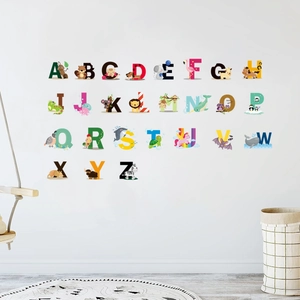 Colorful animal alphabet wall stickers with 26 cartoon letters for kids' room decoration
