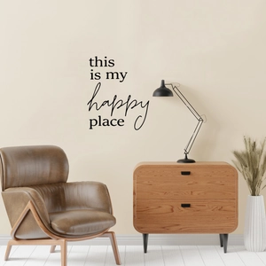 Modern black this is my happy place wall decal in a cozy minimalist living room setup