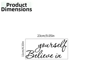 Detailed dimension drawing of 'Believe in yourself' quote wall sticker, 23cm by 11cm size