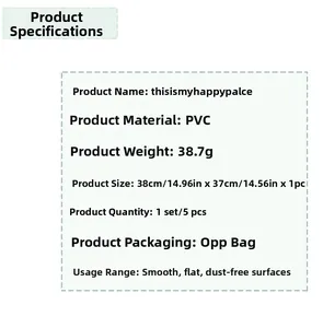 Detail showing PVC wall sticker specifications including dimensions 38x37cm and 38.7g weight
