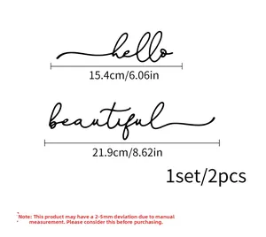 Black metal wall art set with hello and beautiful quotes including size measurements