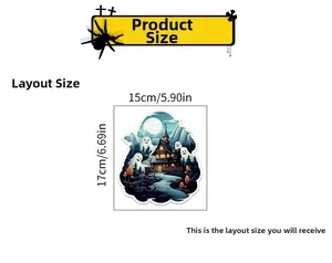 Detailed Halloween wall sticker layout showing cute ghosts and haunted house 15x17cm