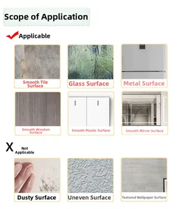 Surface suitability guide for self-adhesive wall stickers showing compatible materials