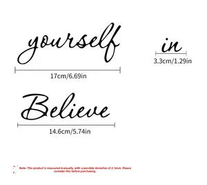 Detail showing precise dimensions of Believe in Yourself black wall decals in inches and cm