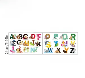 Detailed dimension layout of 26 alphabet cartoon animal wall decals for kids' rooms