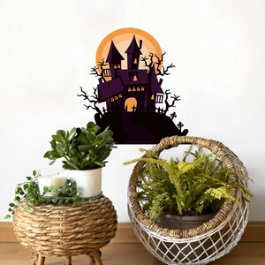 Halloween window sticker with haunted castle and orange moon for wall decoration