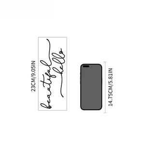 Detail view of beautiful hello vinyl wall decal showing 23cm height against a phone