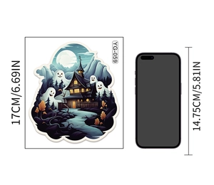 Luminous Halloween wall stickers featuring ghosts and castles with detailed size dimensions