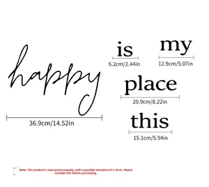 Detailed size specifications for black acrylic wall art lettering Happy is My Place