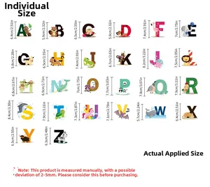 Size chart showing dimensions for alphabet wall stickers with individual letter heights