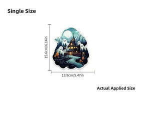 Detailed sheet size for Halloween luminous wall sticker featuring ghosts and haunted houses