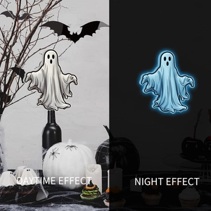 Luminous Halloween ghost wall stickers showing glowing night effect and daytime view