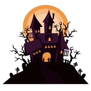Halloween window sticker featuring a purple haunted castle and large orange moon
