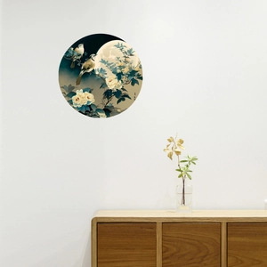 Creative Chinese circular wall decal featuring traditional bird and flower art on a white wall