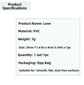Detailed product parameters for LOVE wall sticker showing size and PVC material specs