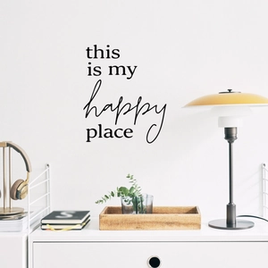 Minimalist black vinyl wall sticker featuring 'this is my happy place' text for home decor