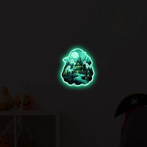 Luminous Halloween ghost wall sticker showing eerie forest and castle glow in the dark