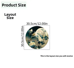 Detail showing Chinese style round wall sticker dimensions with birds and peonies