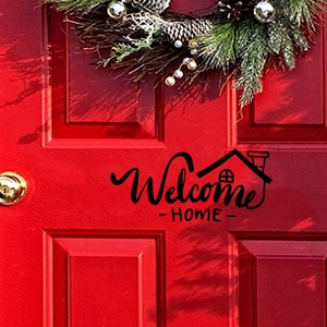 Welcome Home wall decal with house icon on a red door featuring a Christmas wreath