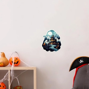 Halloween wall sticker set featuring glowing spooky cabin, ghosts and moon in a room