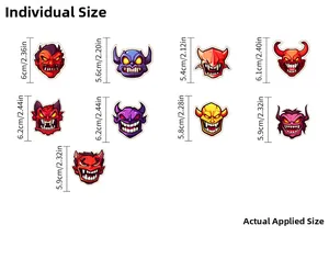 Size chart showing cartoon Halloween devil stickers dimensions from 5.4cm to 6.2cm