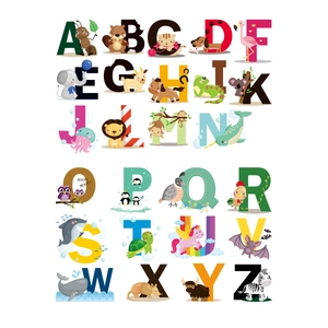 Educational 26 English alphabet wall stickers featuring colorful cartoon animal designs