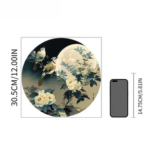 Size comparison of 30.5cm round Chinese bird wall sticker with a phone silhouette