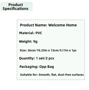 Detailed product specifications and size chart for Welcome Home PVC wall decals