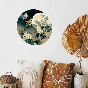 Detail of circular Chinese ink painting wall sticker with birds and flowers in a Zen room