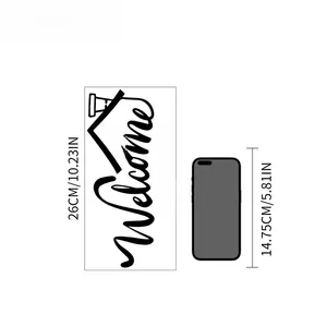 Minimalist Welcome Home wall sticker design shown with height scale and phone comparison