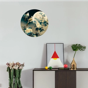 Circular Chinese wall decal with birds and flowers on a minimalist gray background