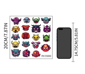 Detailed sheet of 20 colorful cartoon monster stickers next to a phone for size comparison