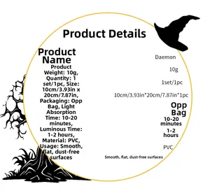 Luminous Halloween wall sticker specifications showing PVC material and size 10x20cm