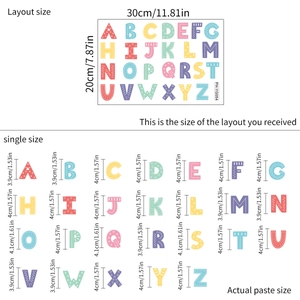 Tableau des dimensions détaillé pour stickers muraux alphabet colorés à motifs