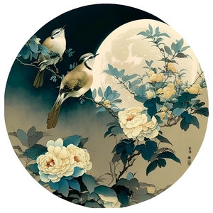 New Chinese style round wall decal with birds, yellow peonies and a moon background