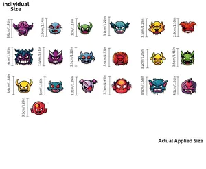 Size chart showing 19 pieces of Halloween cartoon stickers ranging from 2.8cm to 4.1cm high