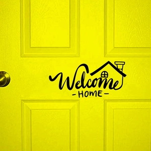 Black vinyl Welcome Home wall decal with house graphic on a bright yellow door decoration