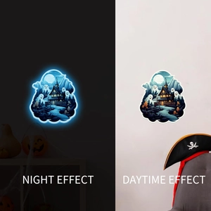 Glow in the dark Halloween stickers showing blue night effect and colorful daytime details