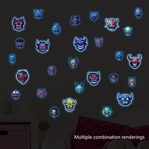Luminous Halloween monster stickers showing multiple combination renderings in dark room