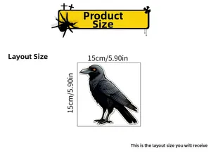 Detailed dimension guide showing 15x15cm layout for Halloween raven glow stickers