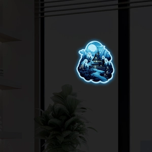 Luminous Halloween wall stickers featuring ghost, castle and moon in blue glow