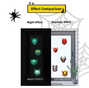 Luminous Halloween stickers showing day and night visual effects on window glass