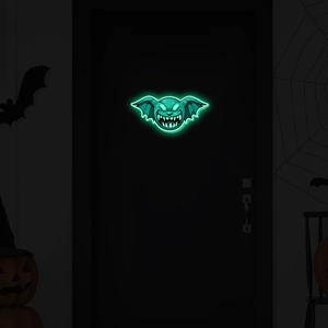 Luminous teal bat wall light glowing on dark door with spider web Halloween decor