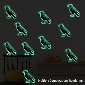 Luminous Halloween crow wall stickers with green glow effect for festive room decoration