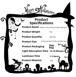 Detailed size specifications for glow-in-the-dark Halloween PVC pumpkin pendant with bat motifs