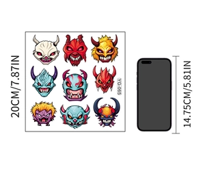 Detailed view of Halloween devil tattoo stickers with size scale next to a mobile phone